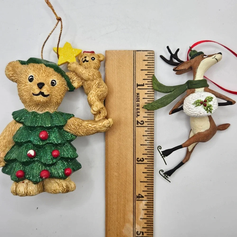 Vintage Clare's 1997 Christmas Bear Ornament Tree Costume + Skating Reindeer Lot